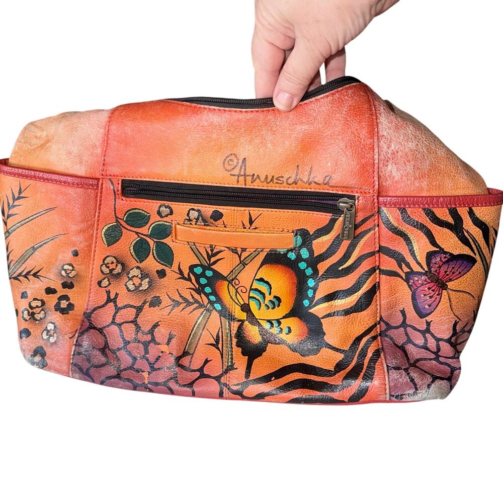 Anusckha leather orange hand painted hobo shoulder bag butterflies whimsical - Picture 4 of 13